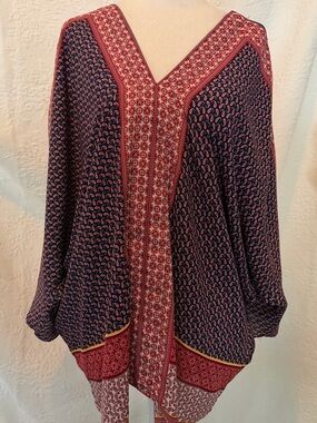 Boho V-Neck Printed Kimono Top - Navy & Red L